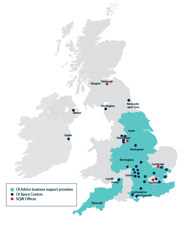 Map of UK showing locations of SQW Group offices and innovation centres